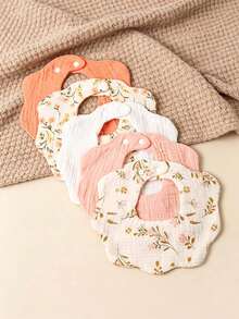 5pcs Baby Cotton Gauze Floral Bibs, Soft Absorbent Printed And Solid Color Drool Bibs Suitable For Newborns - 彩色 - 查看 2