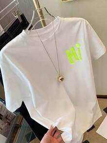 Women's Vintage T-Shirt With Double-Sided Neon Green "Hi" Print, 100% Cotton,  Short Sleeves And Crew Neck, Perfect For A Casual Spring And Summer Loo - White - View 2