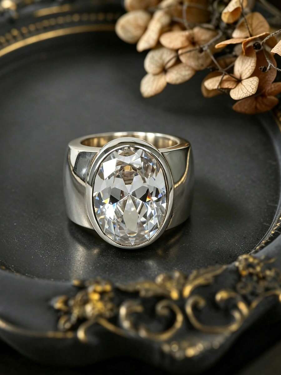 1 pieza Anillo de banda ancha minimalista, incrustado con circonita brillante, disponible en forma ovalada, cuadrada o de corazón, regalo de aniversario, duradero para uso diario, adecuado para fiestas y celebraciones