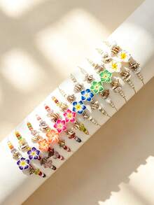 12pcs/Set Boho Style Tropical Jasmine Flower Shell Bead Bracelet Set, Suitable For Women. Colorful Hawaiian Jasmine Flower Decorated Adjustable Bracelet With Natural Shell And Acrylic Flowers, Summer Beach Holiday Accessory - 彩色 - 查看 12