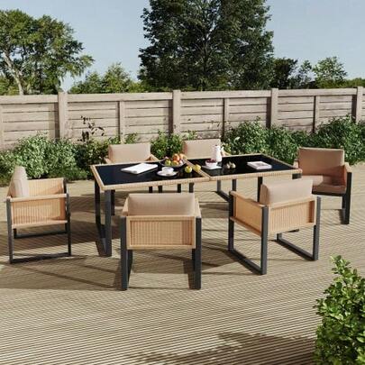 Polyrattan Dining Table And Chair Set, Garden Furniture, 6-Person Garden Dining Set With Armchairs, Removable And Washable Fabric Covers