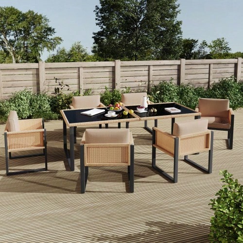 Polyrattan Dining Table And Chair Set, Garden Furniture, 6-Person Garden Dining Set With Armchairs, Removable And Washable Fabric Covers - 黑色,棕色 - 查看 1