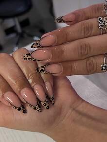 VV MEI JIA ER Bộ 24 móng giả kiểu Pháp họa tiết da báo hình hạnh nhân, màu đen thanh lịch, kèm 1 gel dán móng và 1 dũa móng, mang đến vẻ ngoài lãng mạn và thanh lịch cho cả ngày thường và hẹn hò. - Nhiều màu - Xem 1