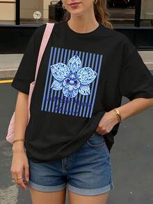 Camiseta Negra con Flor Azul y Texto La Mejor Mama del Mundo para Mujer Casual - Negro - Ver 1
