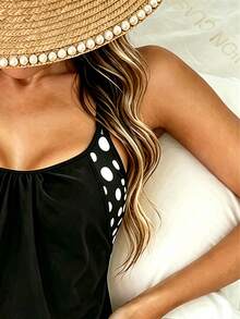 Women's Casual Polka Dot Tankini Swimsuit Set With Scoop Neck Tank Top And Shorts For Beach Wear - màu đen - Xem 4