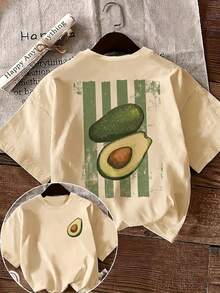 Áo thun tay ngắn dáng regular fit, in hình quả bơ theo phong cách INS ở mặt sau, màu trắng, kiểu dáng mùa hè. - Màu be - Xem 3