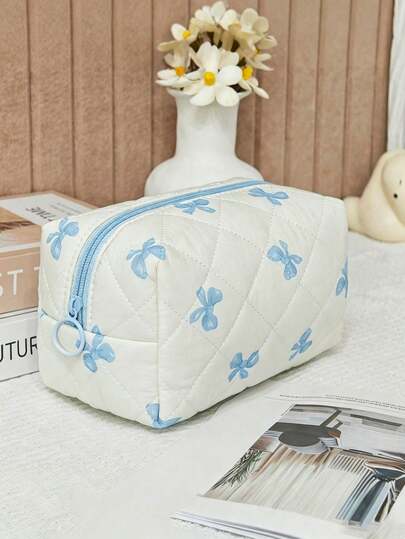1 pieza Bolsa de maquillaje con lazo azul de moda, bolsa de cosméticos con patrón de rombos, bolsa de almacenamiento de maquillaje con estampado lindo, bolsa de aseo de viaje, estuche de lápices para estudiantes, artículo esencial de primavera/verano, decoración de habitación, organizador de escritorio