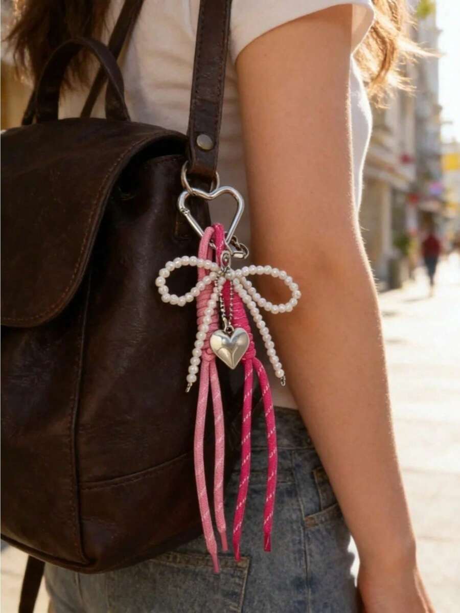 1 Pc Silver Big Heart Pearl Bow Keychain Cute Pearl Design For Girls Women Y2K Key Chains Bag Purse Charm Accessory - Pink - View 1