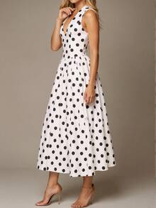 一件装 - 畅销款波点领连衣裙。深V无袖修身连衣裙，裙摆宽大。法式风格显瘦夏季派对连衣裙。 - 彩色 - 查看 3