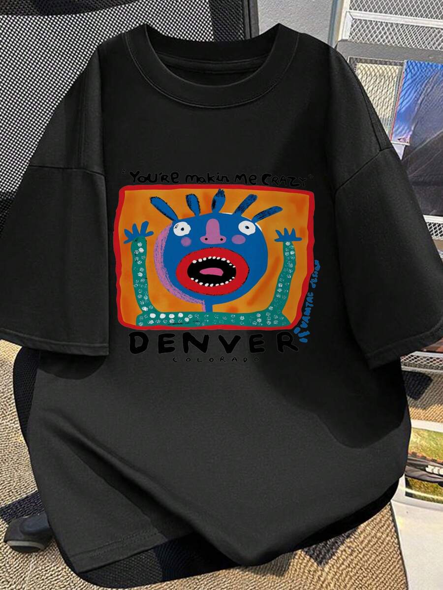 Camiseta clásica [Selección Xiang Longfei] con estampado de monstruo 'ME ESTÁS HACIENDO LOCO', de algodón, unisex, estilo casual urbano, para verano. - Negro - Ver 1