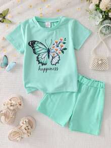 Conjunto de camiseta de manga corta y pantalones cortos con estampado de mariposas y flores "Feliz" para niñas de 4 a 8 años, conjunto de ropa casual de verano - verde menta - Ver 6