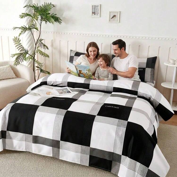 Classic Plaid Print Bedding Set, Includes Fitted Sheet, 30cm Deep Quilt, Flat Sheet And Pillowcases, Hypoallergenic Wrinkle-Resistant Microfiber, Sizes Twin, Full, Queen, King - 黑色 - 查看 2