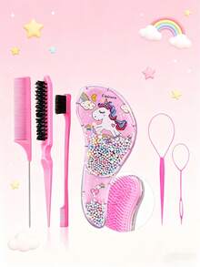 3/6-Piece Makeup Brush Set, Featuring Various Adorable Unicorn Combs To Choose From, Flip-Forward Styling Tools, Hair Band Scissors, Edge Brushes, Bristle Brushes, Teasing Combs. Suitable For Grooming, Styling And Cleaning. Suitable For Salon Use (In Pink And Purple) - Multicolor - View 2