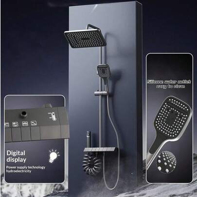 Shower System Thermostatic, 4-Function Piano Key Wall-Mounted Shower Set, With Shower Head, 4 Function Hand Shower(Grey)