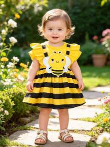 Baby Girls' Summer New Cartoon Bee Round Neck Cap Sleeve Striped Waist Dress - Multicolor - View 12