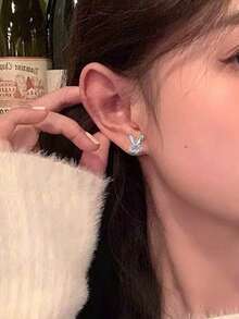 一对可爱兔子造型立方氧化锆耳钉，适合少女日常佩戴、派对配饰或生日礼物 - 銀色 - 查看 4