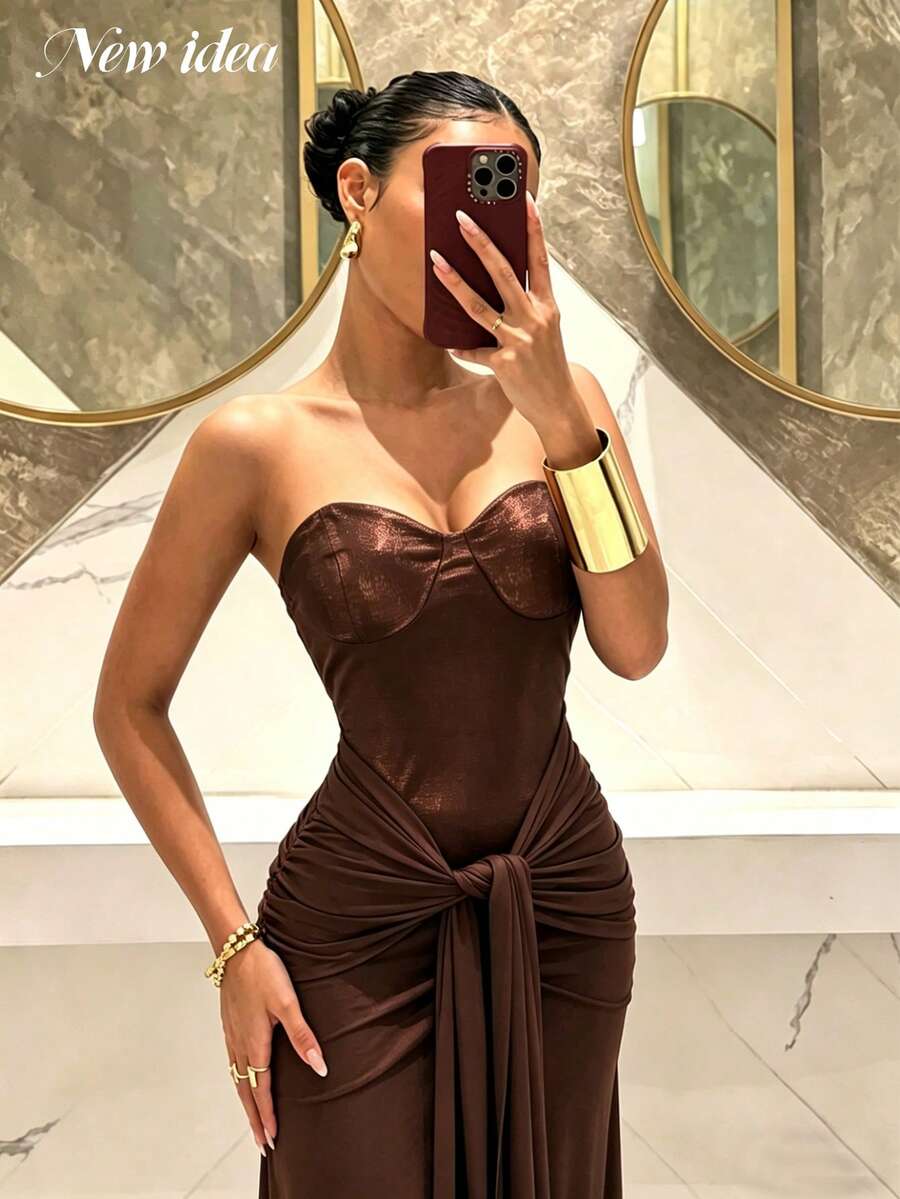 Women's Sexy Deep Brown Glitter Strapless Dress, High Waist Ruched Bodycon Design, Suitable For Club, Evening Party, Spring/Summer Date And Gathering - Coffee - View 1