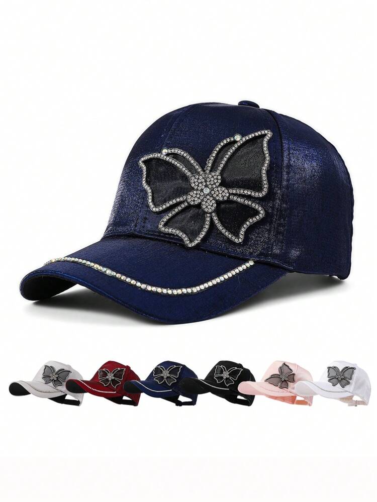 1 pieza Gorra de béisbol vintage con patrón de mariposa de rhinestone estilo Y2K, gorra sólida sin estructura ajustable, adecuada para protección solar al aire libre, gorra de mezclilla americana casual y de moda unisex, opción de regalo perfecta - gorra de béisbol - Añade 5