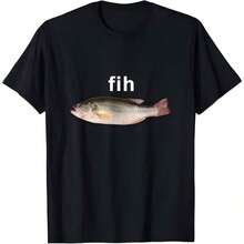 "Fih" Funny Misspelled Fish Meme, Simple Humor T-Shirt,100% Cotton Short Sleeve Classic Heavy Cotton T Shirt Printed Graphic Tee Women's Casual Short-Sleeved Top,Unisex Soft Fabric, Breathable, Comfortable Casual Fashion Short Sleeve T-Shirts Perfect For Summer - 黑色 - 查看 2