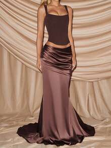 Conjunto de vestido de fiesta elegante con tirantes finos, espalda descubierta, lazo y drapeado - Marrón - Ver 3