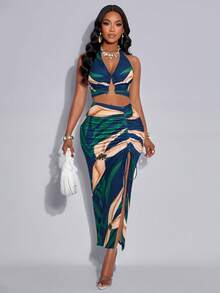 AIJ Amarilo Women's Elegant Tropical Print Ruched Hollow Out Fitted Metal Ring Buckle Niche Design Sleeveless Backless Camisole Top And Drawstring High Slit Skirt Two Pieces Set (Positioning Print) Summer - Dark Green - View 5