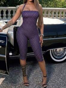 Women's Sleeveless Camisole Style Polka Dot Knit Sleeveless Romper Summer - Purple - View 7