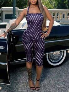 Women's Sleeveless Camisole Style Polka Dot Knit Sleeveless Romper Summer - Purple - View 8