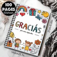 1pc Cute Hand-Drawn Spiral Notebook, "GRACIÁS" Cover Text With Adorable Patterns, Warm And Suitable For Learning, Journaling, Daily Planning. Great Gift For Graduation, Birthday, Work, School Use. 100 Pages/50 Sheets, Very Practical. - F - View 2