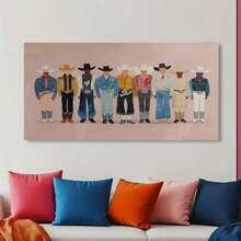 Enmarcado [2D Plano] Un  en lienzo  de varios tamaños con arte mural de mezclilla, estampados de moda western, decoración para sala de estar, rodeo de mezclilla rosa, arte para dormitorio, decoración western y arte ranchero. - Enmarcado - Ver 5
