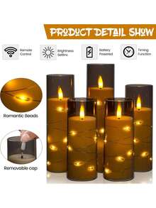 5pcs Flameless LED Candles With Timer, Flickering Candlesticks For Romantic Ambiance And Home Decor, Stable Acrylic Shell With Embedded Star String, Battery Operated Candles (Gray) - 灰色外燈串 - 查看 6