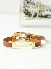 3pcs Fashionable Chic Golden Letter Leather Bracelets, Personalized Accessories Gift For Girlfriend - 3-piece Set - Brown Combination - View 5