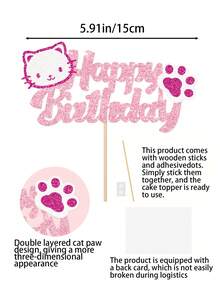 1pc Pink Glitter Cat Birthday Cake Topper, Cat Paw Cake Decoration, Suitable For Girls Children Birthday Party, Cute Cat Theme Cake Decor - Cat - View 3