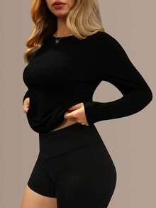 Women's Black Round Neck Long Sleeve Casual T-Shirt, Suitable For Autumn - Black - View 6