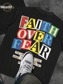 Men's Christian T-Shirt "FAITH OVER FEAR" | Psalm 118:6 Design | Inspirational Streetwear | 100% Cotton | Unisex Fit | Ideal Gift For Believers - 藍色 - 查看 2