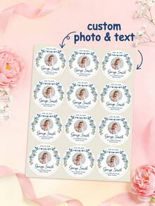12/24/48pcs Personalized Photo Stickers, Customizable With Names, Birthday Party Decorations, Blue Floral Patterns, Circular Labels, Back To School - Multicolor - View 2