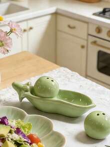 2pcs Ceramic Salt And Pepper Shaker Set, Pea Shaped With Textured Glaze Finish, Gift Box Packaging, Suitable For Kitchen, Dining, Parties, Housewarming, Valentine's Day, Birthday Gifts - Mint Green - View 3