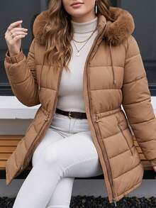 Women's Plus Size Lined Bobojaco Jacket With Hood And Faux Fur Lining, Long Sleeves, Winter - Rỉ Nâu - Xem 5
