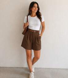 Women's Tailored Bermuda Shorts, High Waist With Belt, Elegant, Casual, Comfortable For Everyday Wear - 鏽棕色 - 查看 2