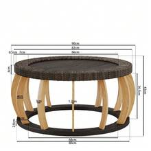 Vintage Round Coffee Table Made Of Rattan And Solid Wood, Boho Style Side Table With Curved Legs For Dining Room, Kitchen And Living Room, Natural Color. - 黑色 - 查看 8