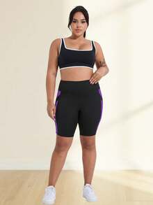 Pantalones cortos de fitness para mujer talla grande primavera/verano nuevos, cintura alta, levantamiento de glúteos, pantalones cortos de ciclismo, pantalones cortos deportivos ajustados, pantalones cortos de yoga de cintura alta, diseño de color en contraste, con bolsillos, adecuados para deportes, correr, fitness y varias ocasiones - Morado - Ver 6