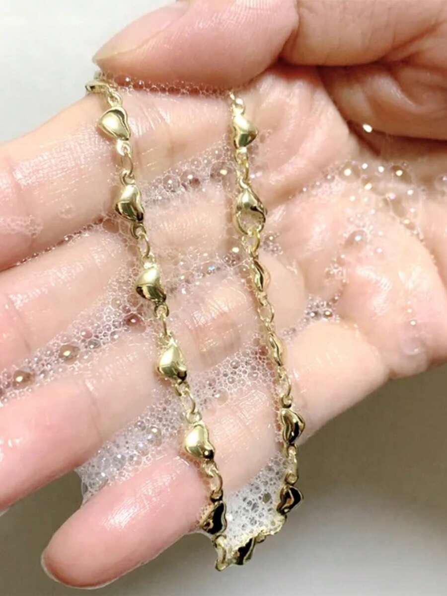 1pc Minimalist Stainless Steel Chain Anklet, Suitable For Vacation & Beach - Gold Heart Anklet - View 1