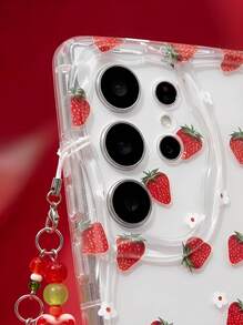 奶油色波浪边亮面草莓彩绘防摔手机壳，配手工串珠草莓吊坠，兼容 16/11/16 Pro/16 Plus/16 Pro Max/16 e/15 Pro Max/13/14/12/XS/XR/7G/8P，兼容Galaxy 11/12 Pro/12/12 X/13 Pro/14 Pro/15 Pro，兼容Redmi 10/9/Note9/12c/Note11 Pro/Note8 Pro，国际版，非国内版 - 彩色 - 查看 4