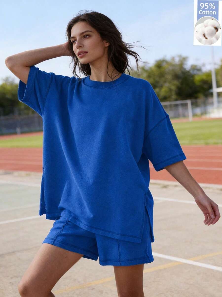 Women's Oversized Summer Casual 2 Piece Tracksuit Set Pullover Top & Shorts - 克萊茵藍 - 查看 1
