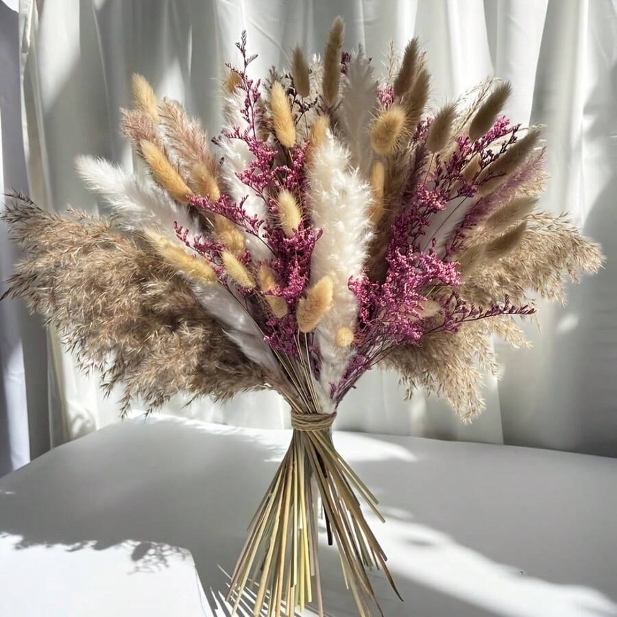 78 fleurs séchées, roseaux séchés, plumes de lapin, bouquet, vase style bohème, décoration de salon, fleurs artificielles, fausses plumes de lapin, décoration de mariage, cadeau de fêtes - 78 pièces - Voir 1