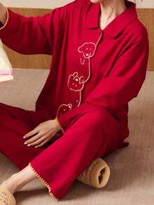 Gongdie 女士红色长袖纯棉睡衣套装（2件套），春秋季 - 紅色 - 查看 5