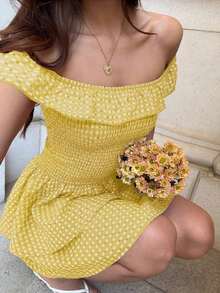 Vestido mini de línea A con volantes en el bajo, hombros descubiertos, cintura ajustada, estilo dulce y romántico para vacaciones en la playa, primavera/verano, a cuadros rojos - Azul - Ver 11