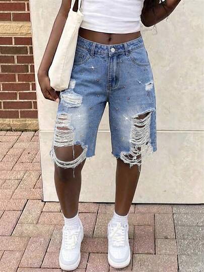 Women Y2K Loose Fit Distressed Denim Shorts With Pocket Designs And Rhinestones