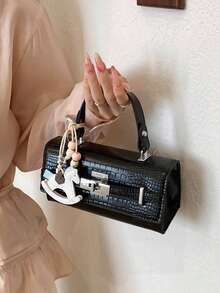 Fashionable Crocodile Embossed Small Square Bag, New Luxury Feeling Shoulder Crossbody Handbag, Commuting Tote - Black - View 3