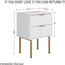 2 Drawers – Modern White Bedside Table, Vertical Grain Storage Cabinet – Gold Metal Legs - 白色 - 查看 3