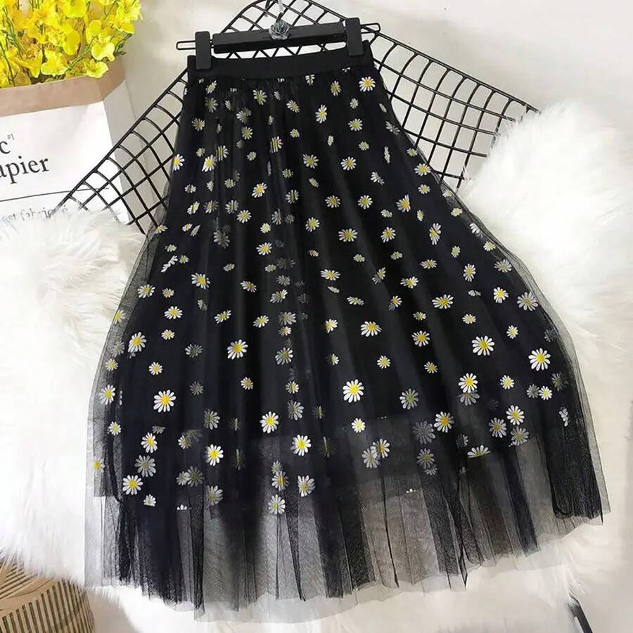 Faldas de mujer tierno dulce estilo coreano impreso señora malla Ins elegante todo-fósforo universidad elegante Popular chicas encantadoras encanto elegante - Negro - Ver 1